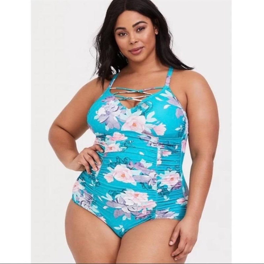 Torrid Teal Floral Strappy Wireless One-Piece Swimsuit - Picture 1 of 1